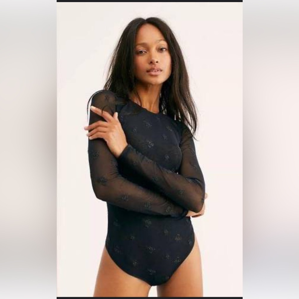 Free People Women’s Make Out Black Mesh Bodysuit Size XS, Long Sleeve Top